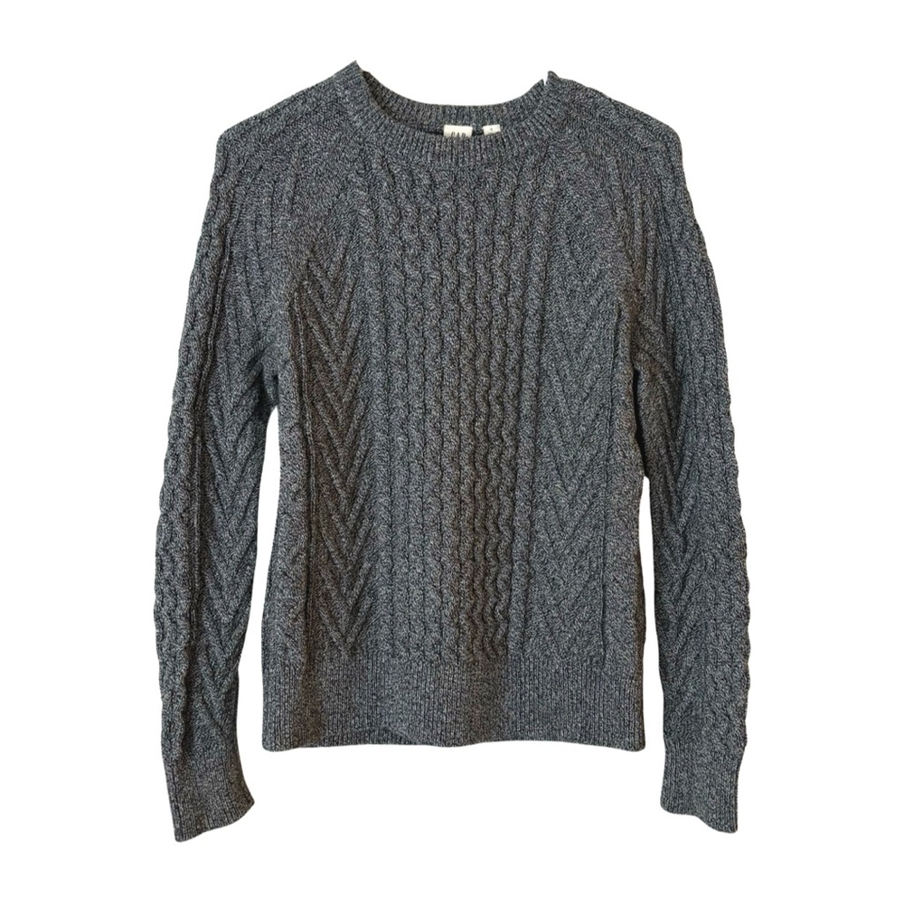 GAP Black & White / Dark Gray Marled Cable-Knit Crewneck Sweater
